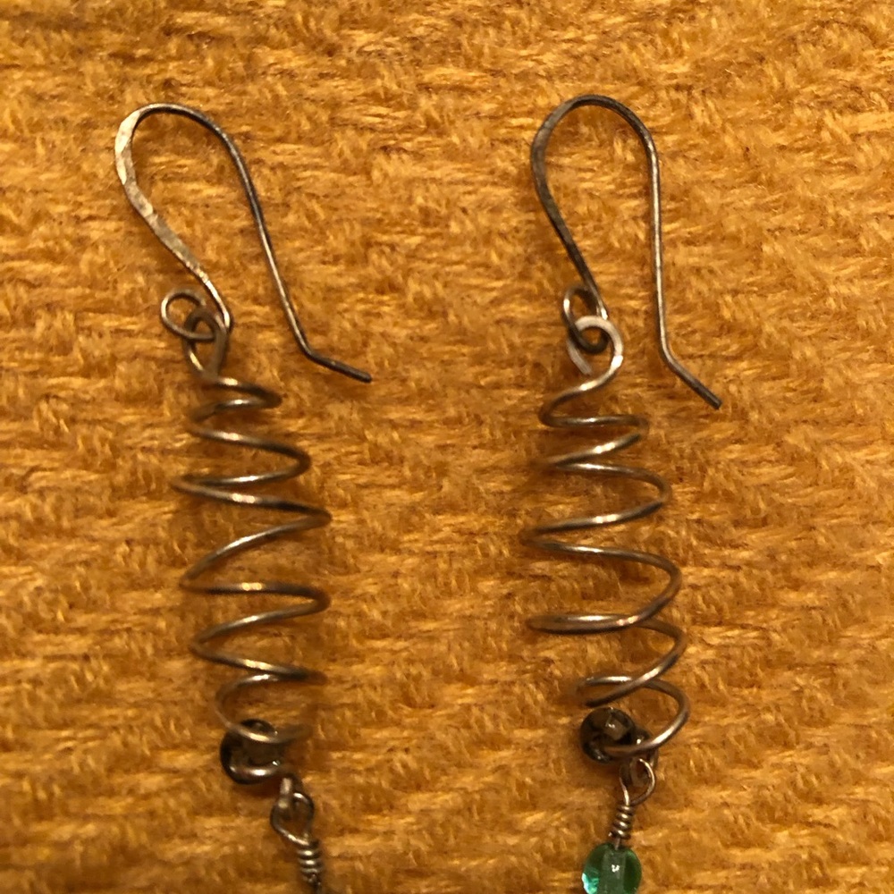 NWT Handcrafted Silver Spiral Earrings with Bead Accents; French Hooks